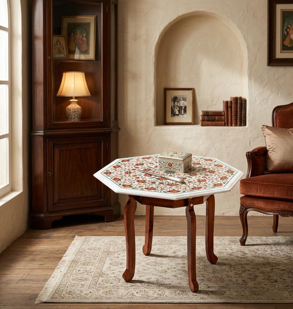 Handcrafted Pietra Dura Marble Inlay Accent Table