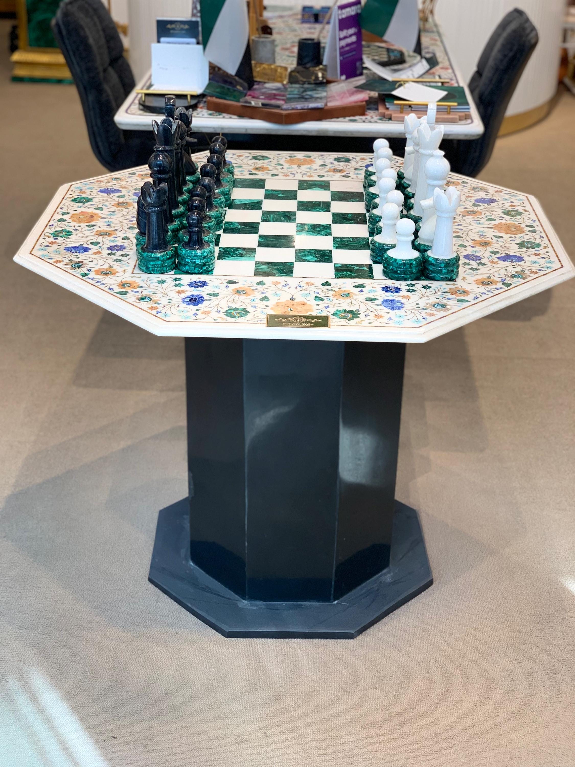 Luxury Marble Inlay & Malachite Chess Table | Handmade Gemstone Chessboard Table | Tesoro Casa