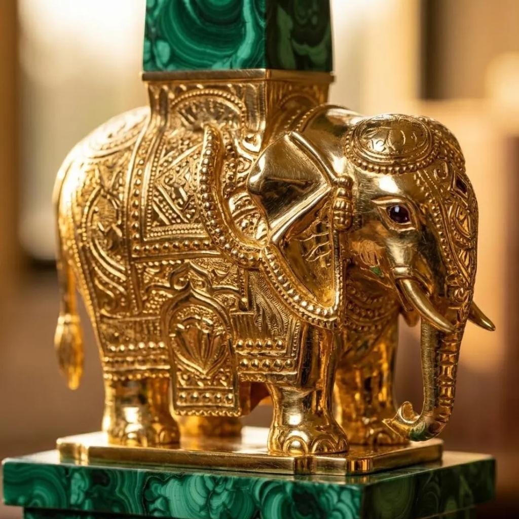 Luxury Malachite Obelisk Pair Handmade Green Stone Sculptures With Gilded Elephant Motif