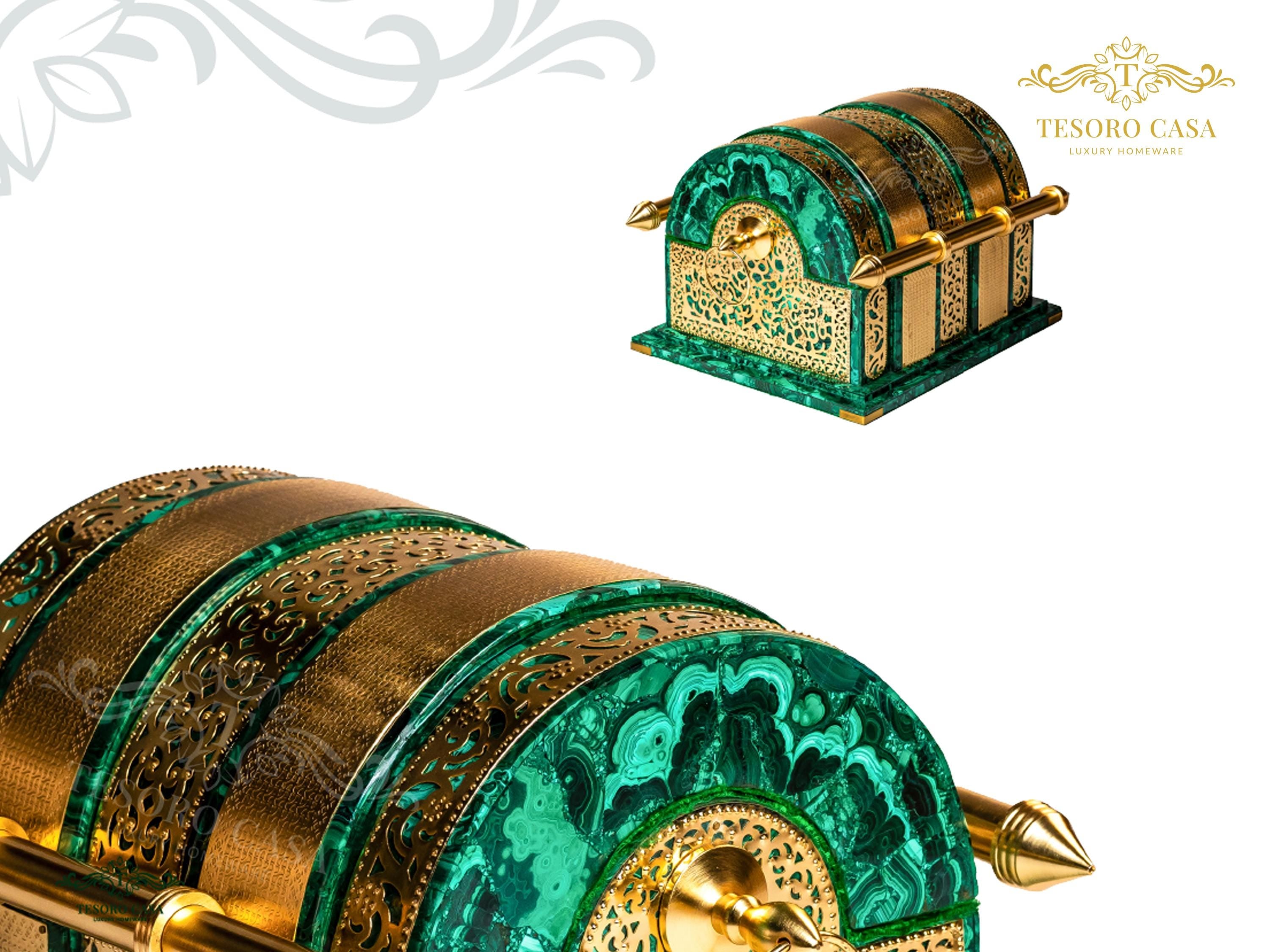 Malachite Oud Box – Handcrafted Brass & Semi-Precious Stone Luxury Arabic Oud Storage Chest