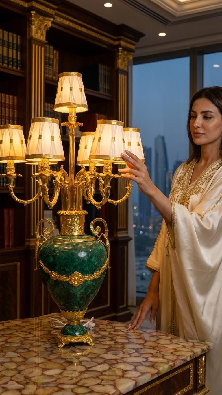Grand Malachite & Gold Eight-Arm Luxury Candelabra Lamp