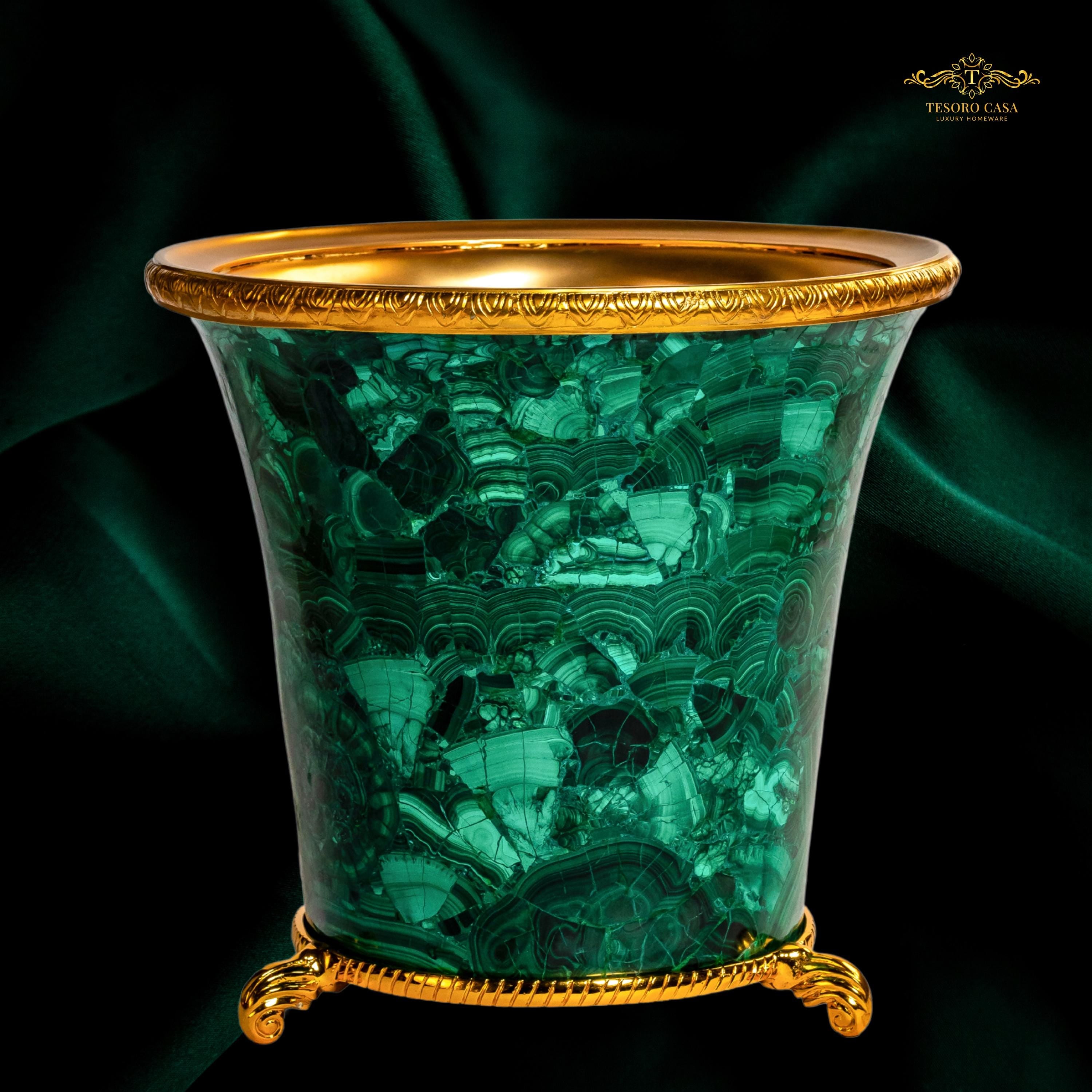 Malachite Luxury Waste Bin with Gold Interior