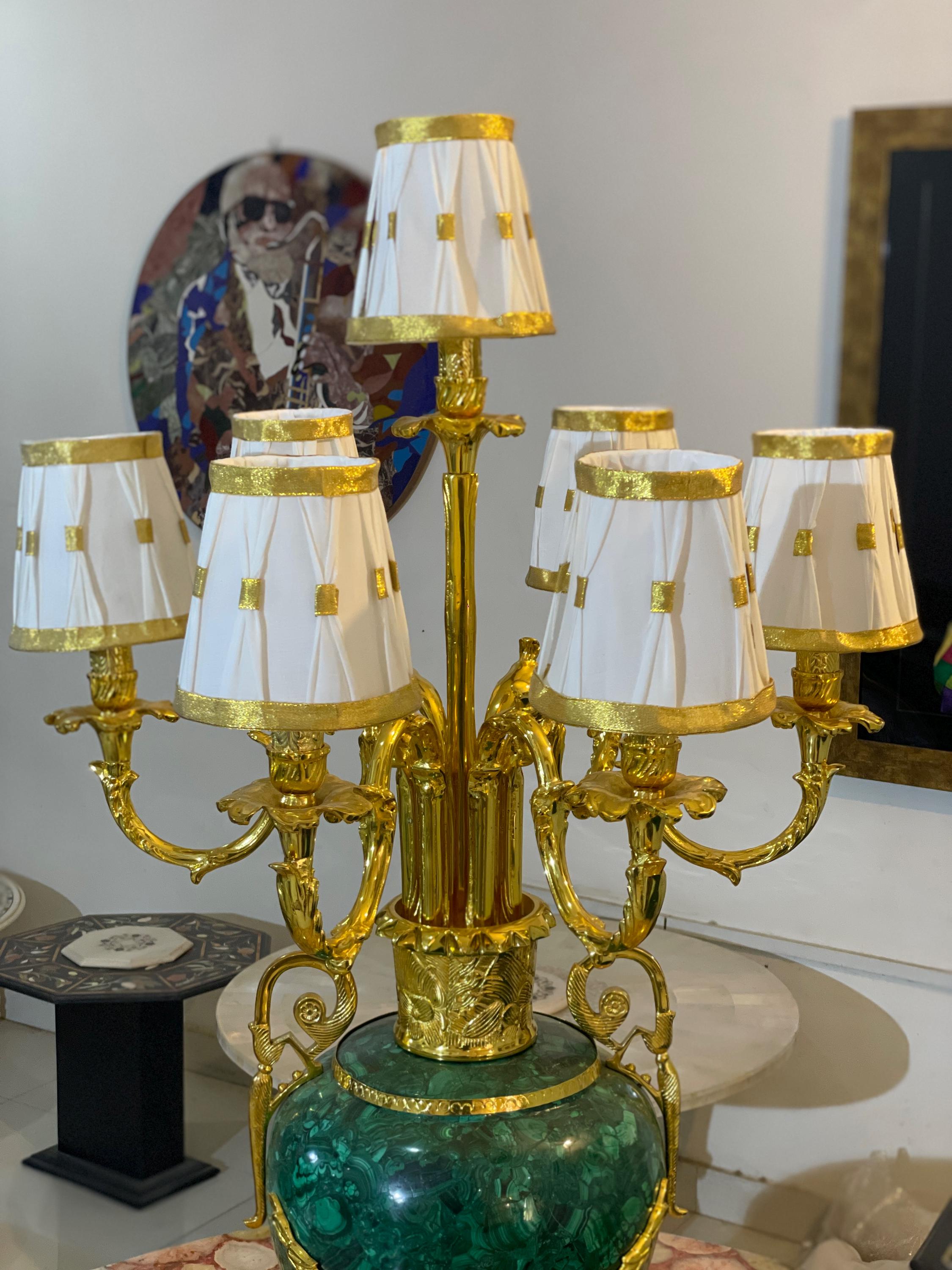Grand Malachite & Gold Eight-Arm Luxury Candelabra Lamp