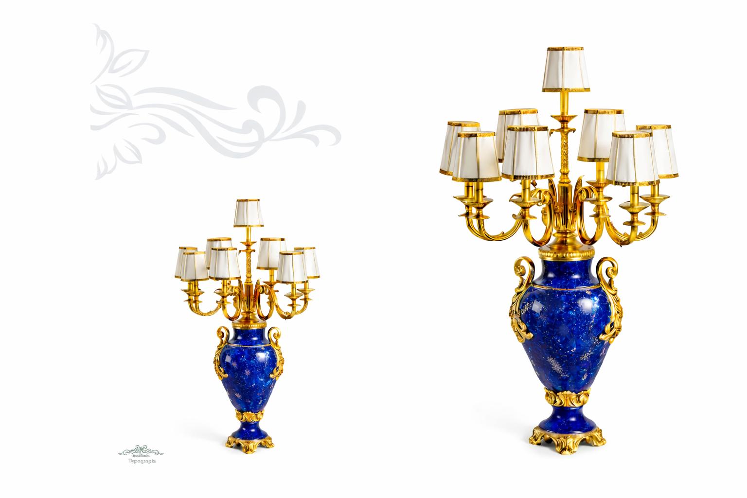 Grand Lapis Lazuli & Gold Eight-Arm Luxury Candelabra Lamp