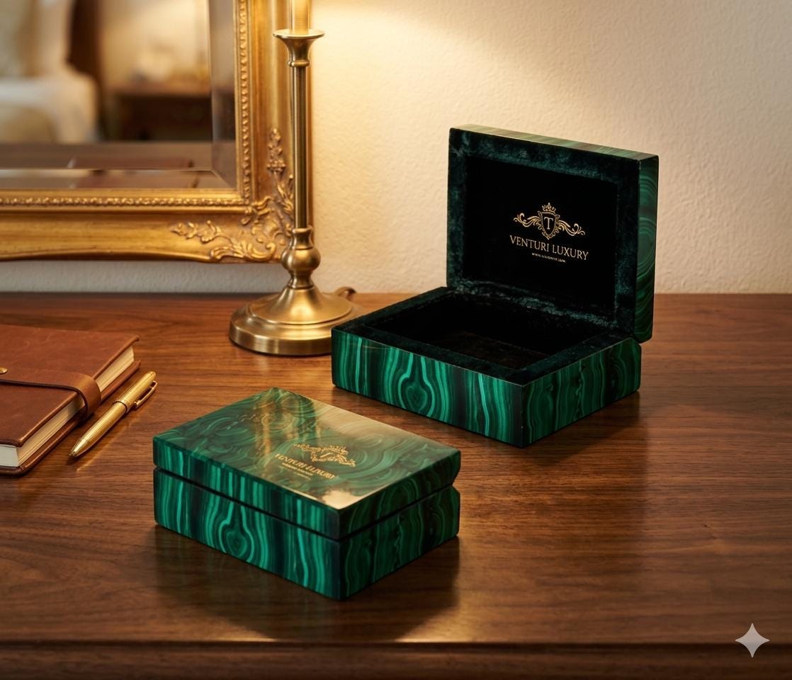 Handcrafted Luxury Malachite Rectangular Jewellery Box Handmade Green Stone Decorative Keepsake Box