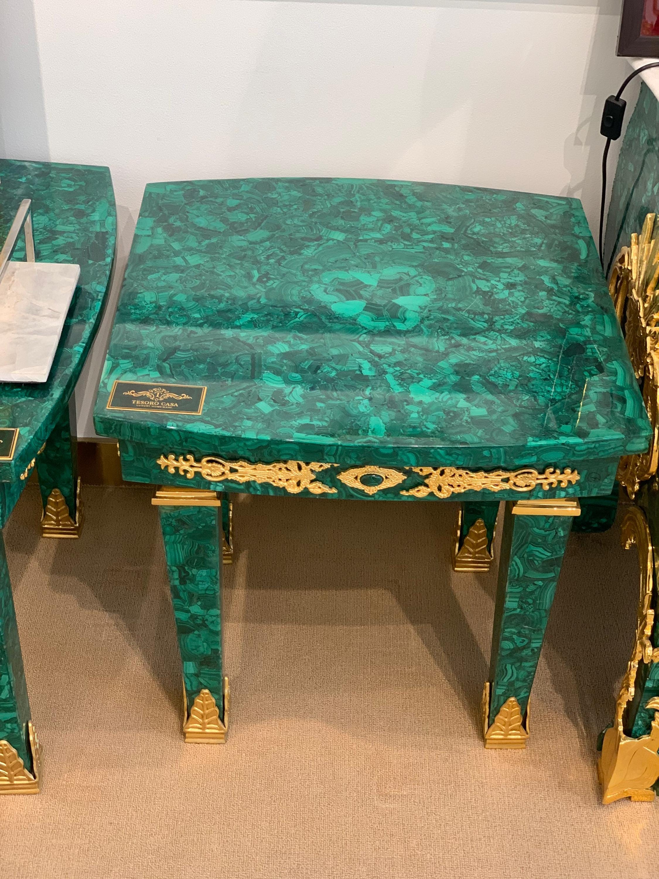 Malachite Majlis Side Table with Brass Gold Plating