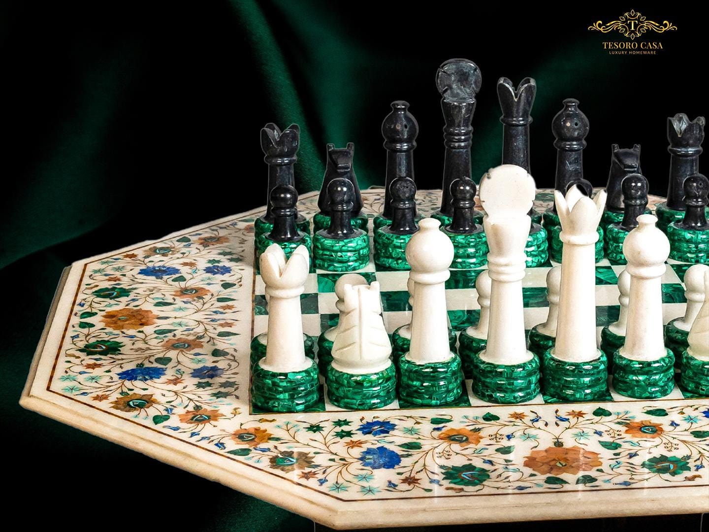 Luxury Marble Inlay & Malachite Chess Table | Handmade Gemstone Chessboard Table | Tesoro Casa