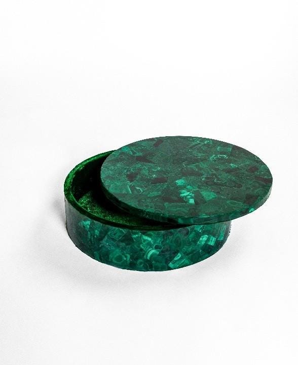 Handcrafted Round Malachite Jewellery Box: Luxury Gemstone Storage Accent