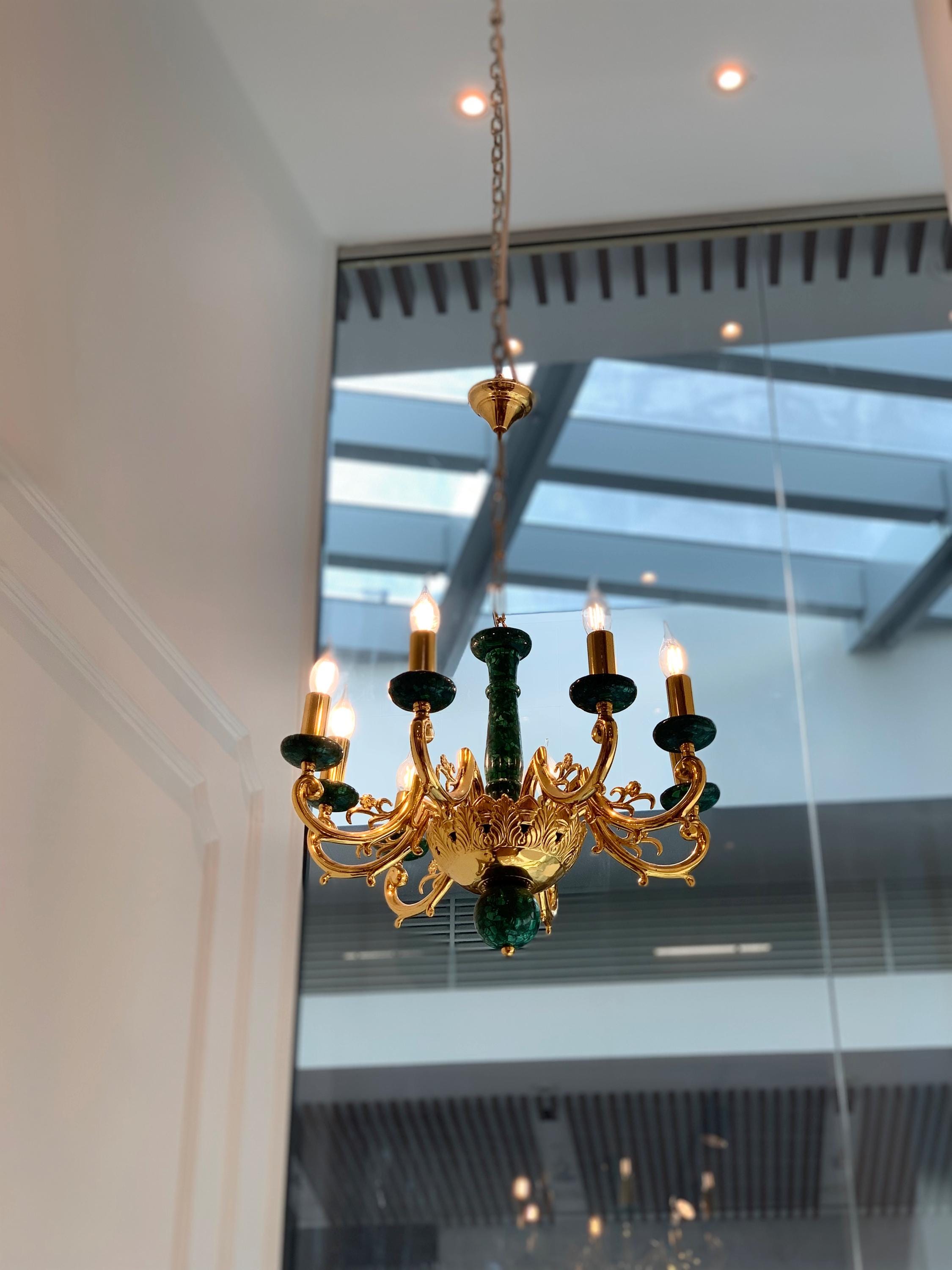 Malachite Small Chandelier with Gold Platted