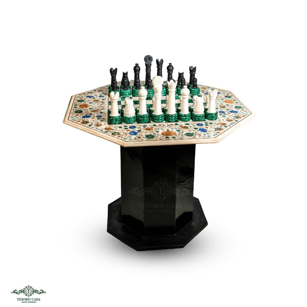 Luxury Marble Inlay & Malachite Chess Table | Handmade Gemstone Chessboard Table | Tesoro Casa