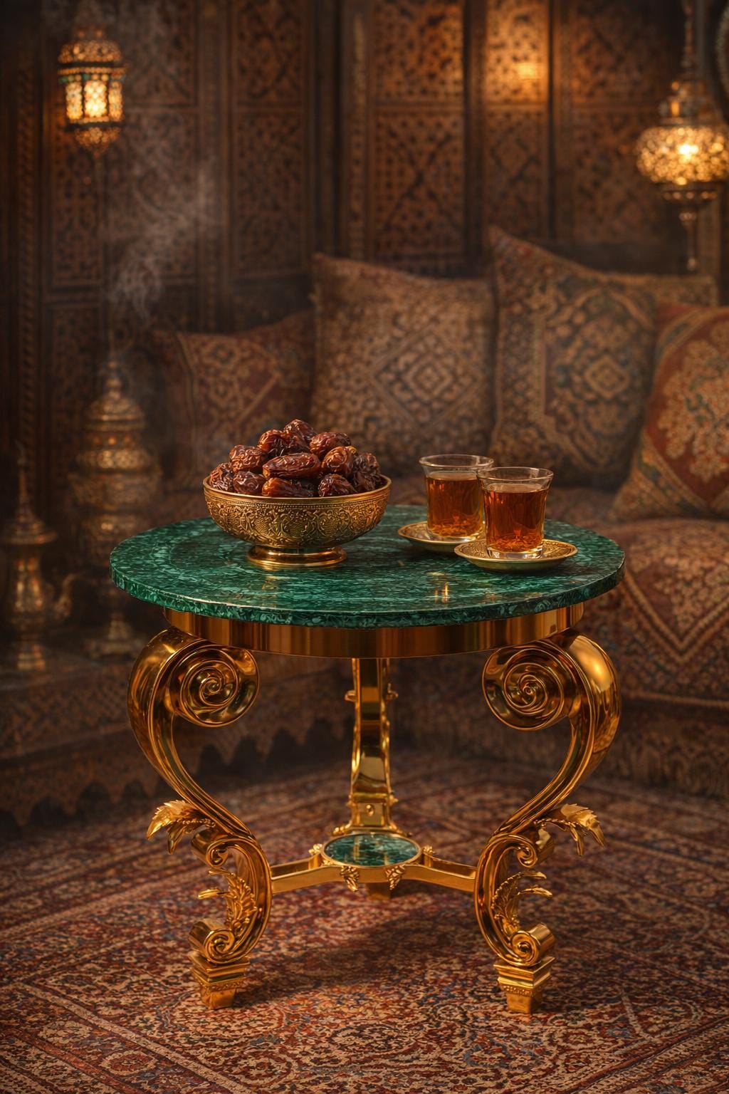 Handcrafted Malachite Round Accent Table with Sculpted Gold Scroll Base