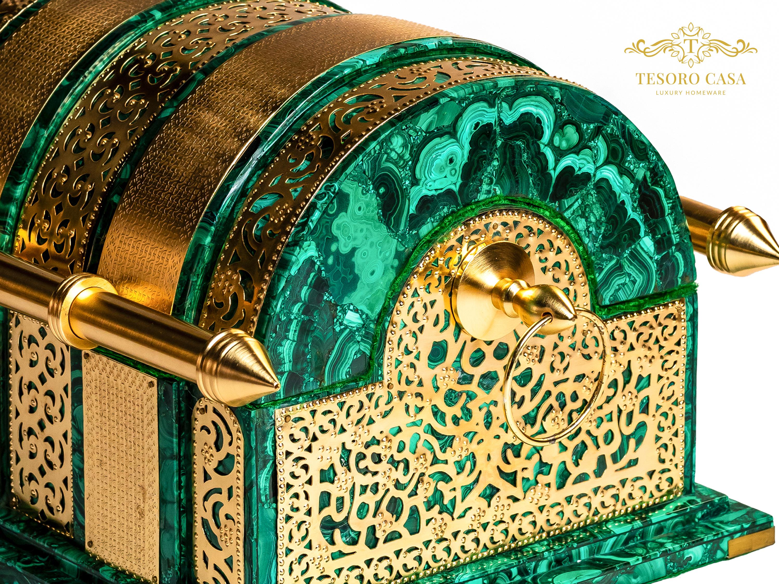 Malachite Oud Box – Handcrafted Brass & Semi-Precious Stone Luxury Arabic Oud Storage Chest