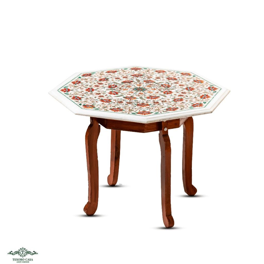 Handcrafted Pietra Dura Marble Inlay Accent Table