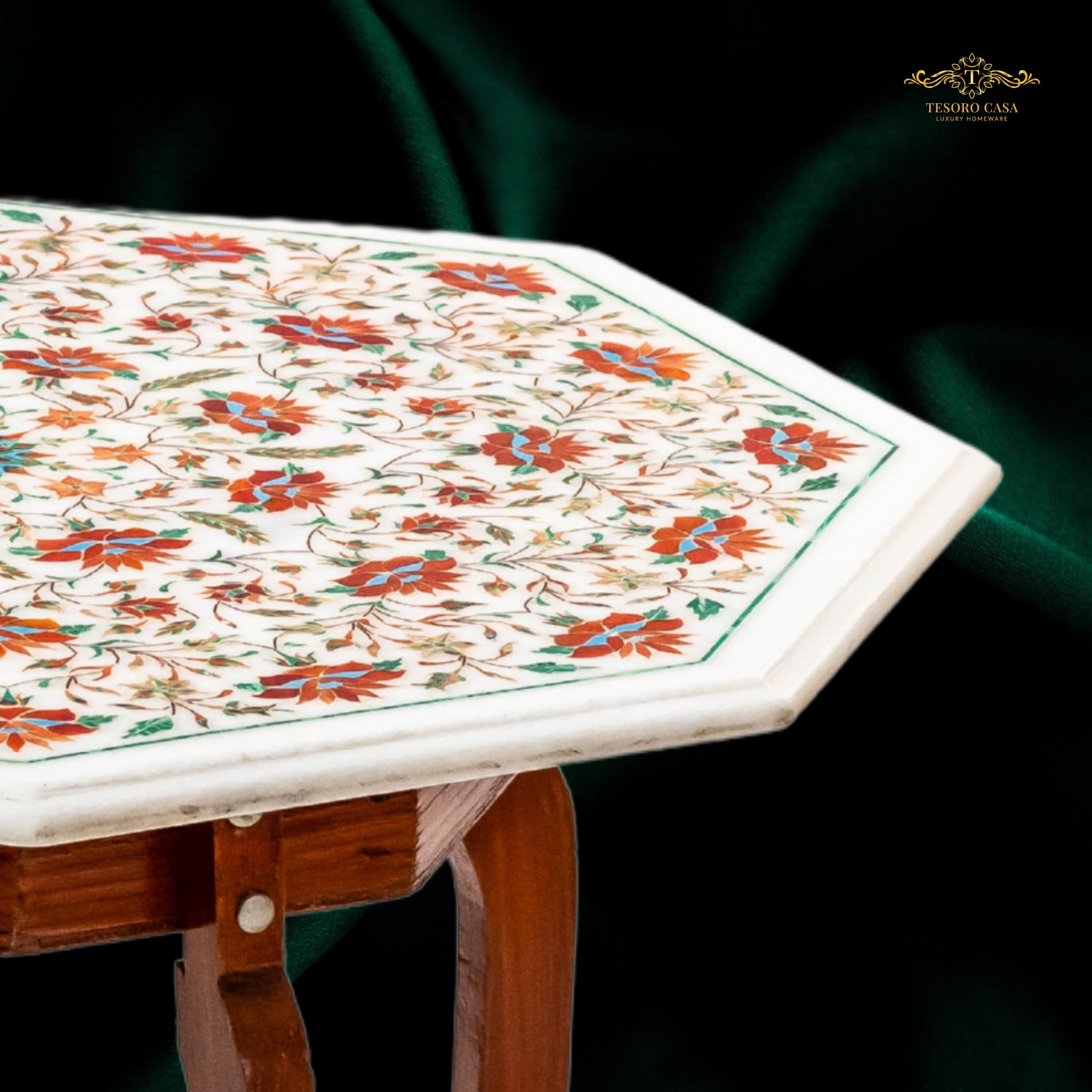 Handcrafted Pietra Dura Marble Inlay Accent Table