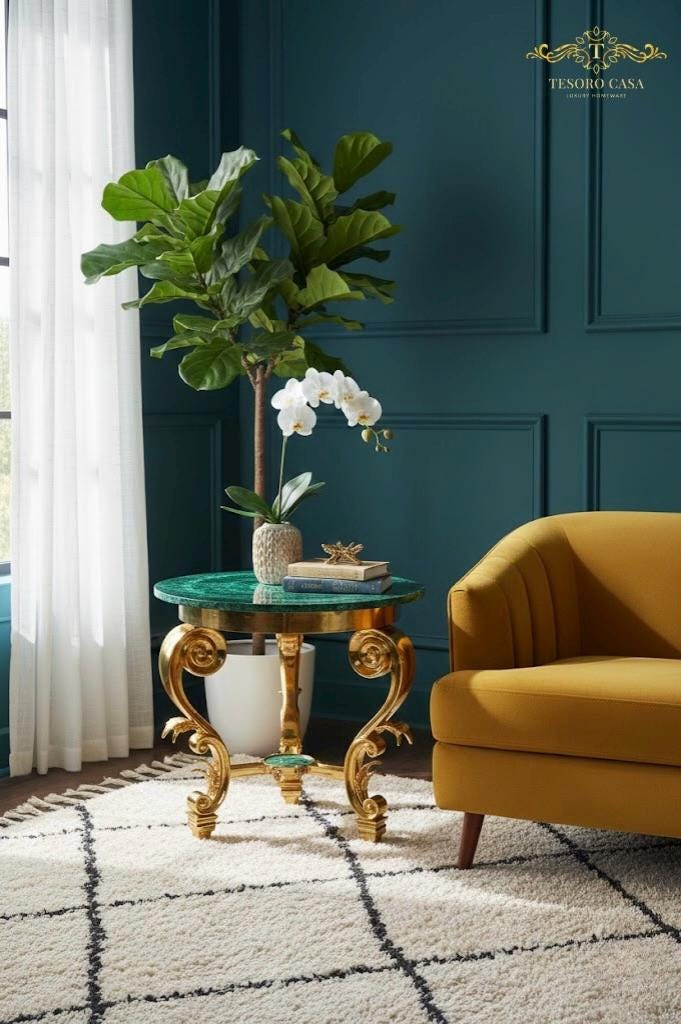 Handcrafted Malachite Round Accent Table with Sculpted Gold Scroll Base