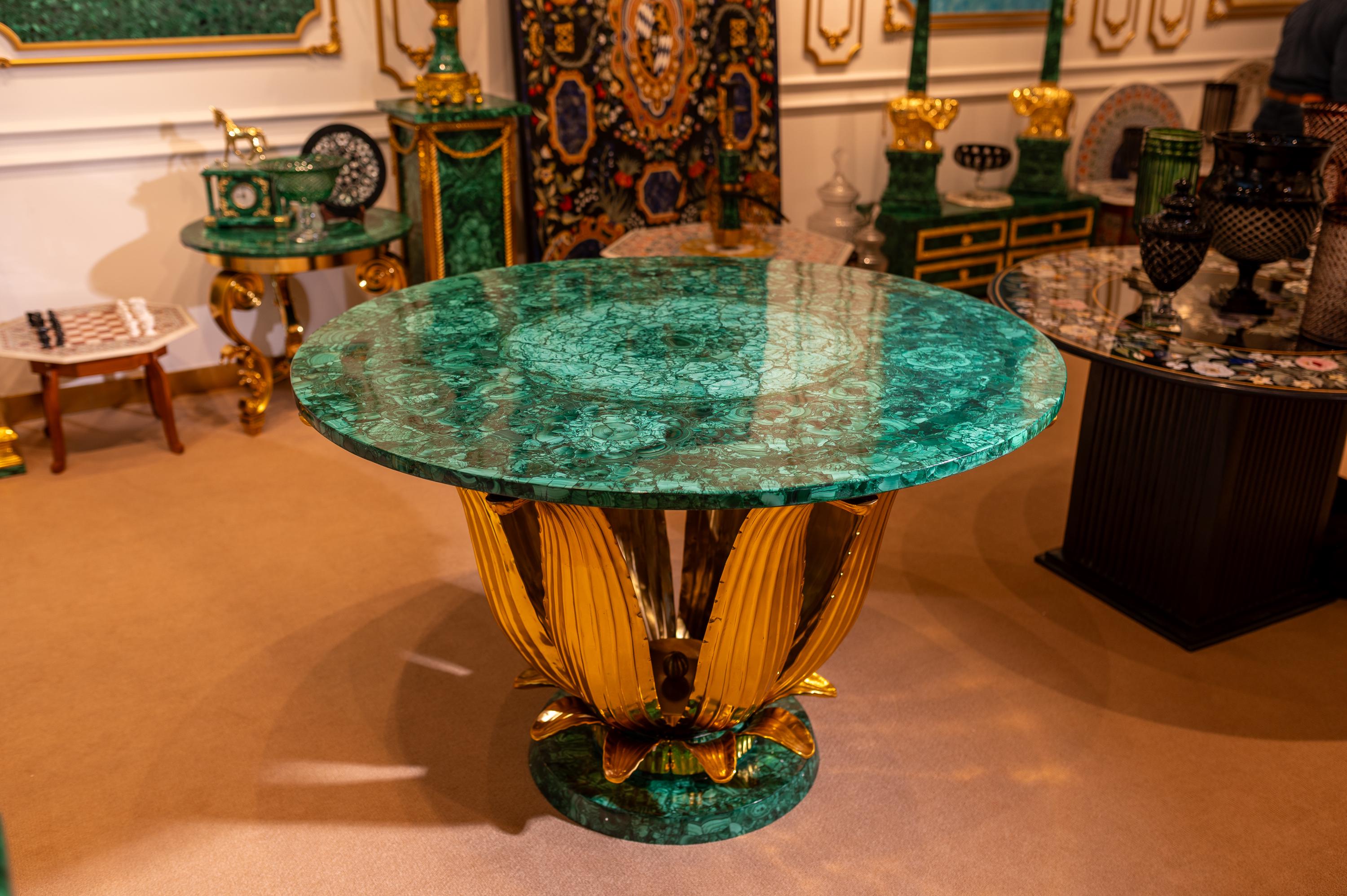 Handcrafted Malachite Lotus Table with Sculptural Gold Base
