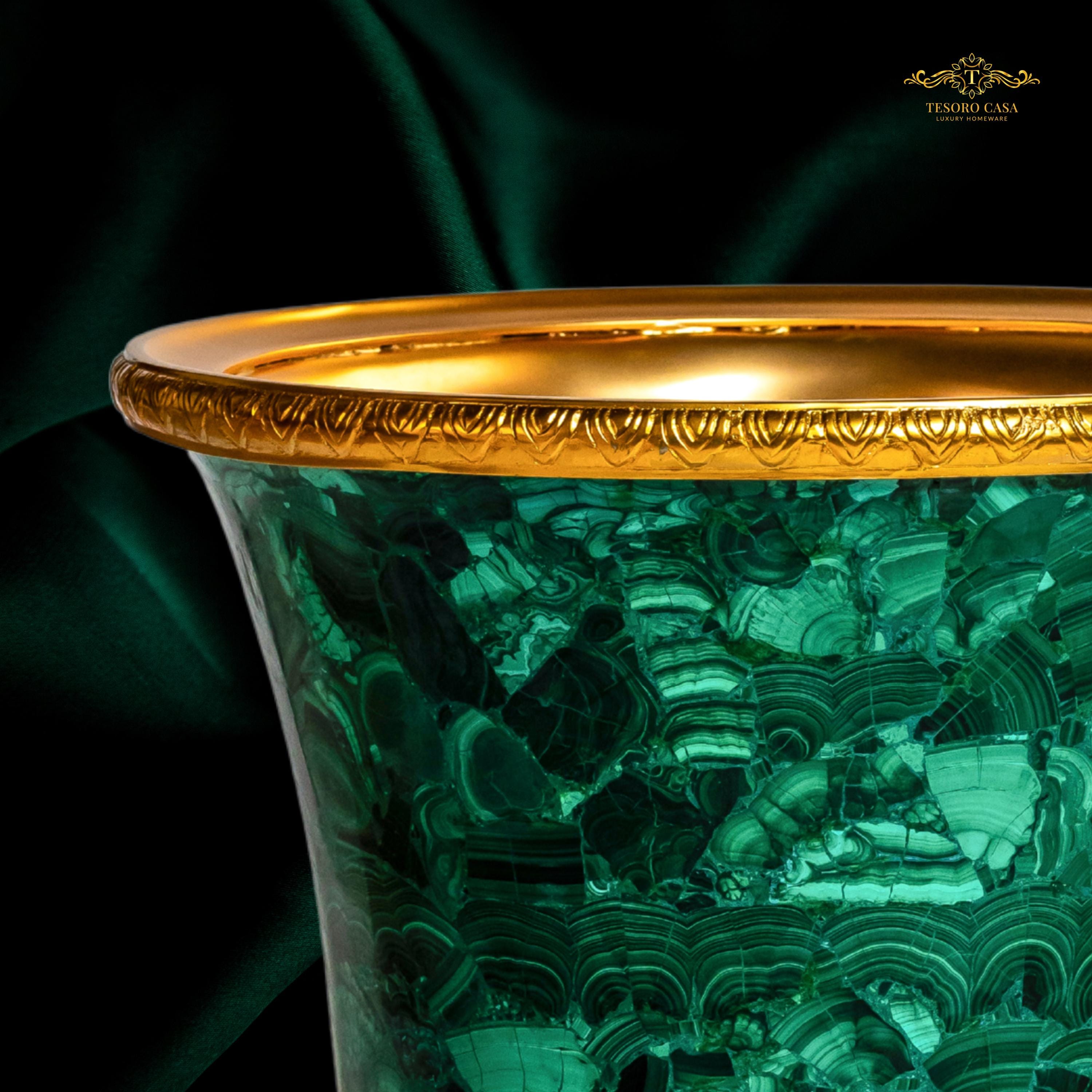 Malachite Luxury Waste Bin with Gold Interior