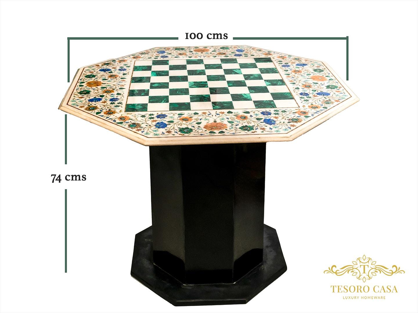 Luxury Marble Inlay & Malachite Chess Table | Handmade Gemstone Chessboard Table | Tesoro Casa