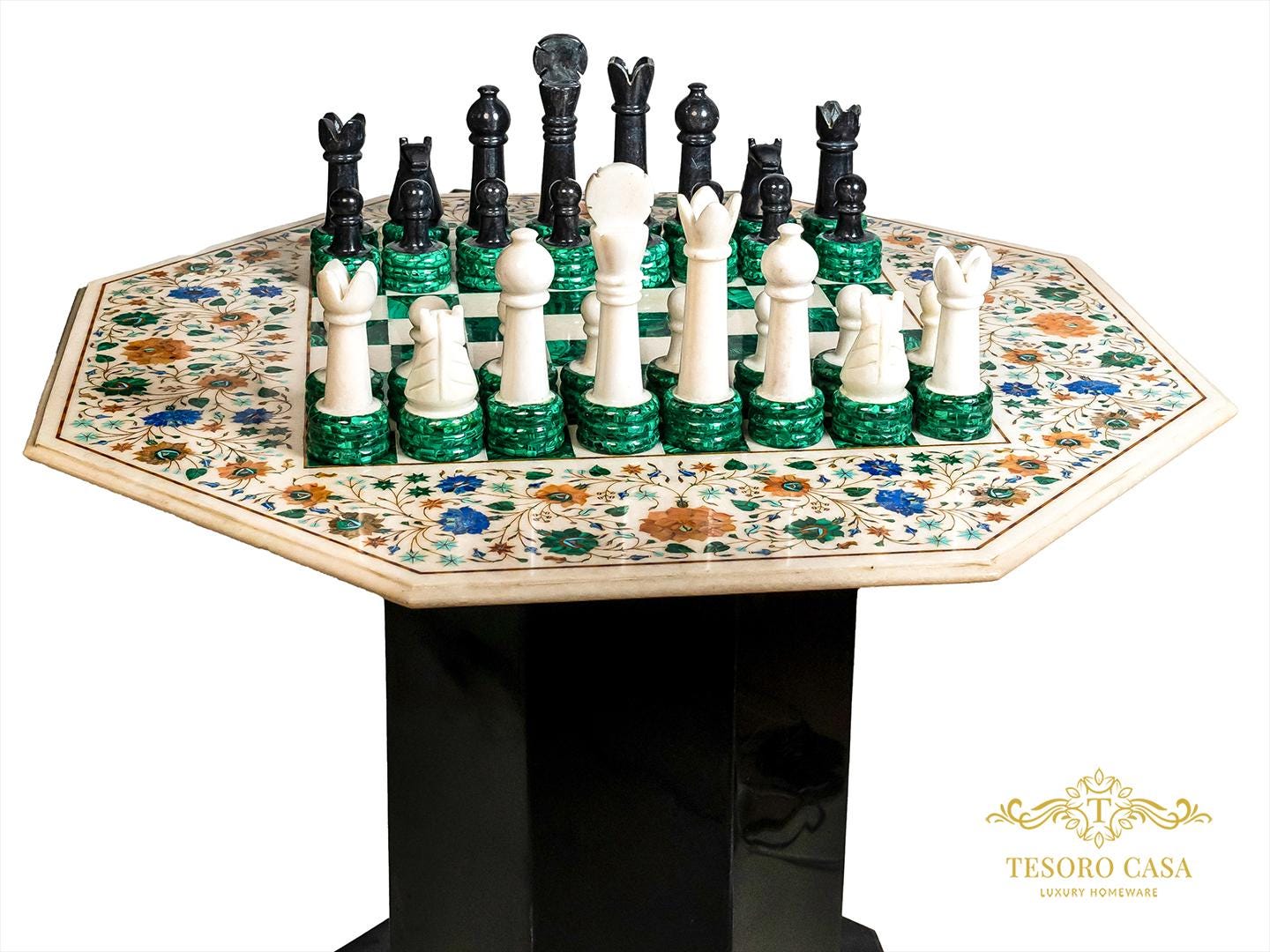 Luxury Marble Inlay & Malachite Chess Table | Handmade Gemstone Chessboard Table | Tesoro Casa