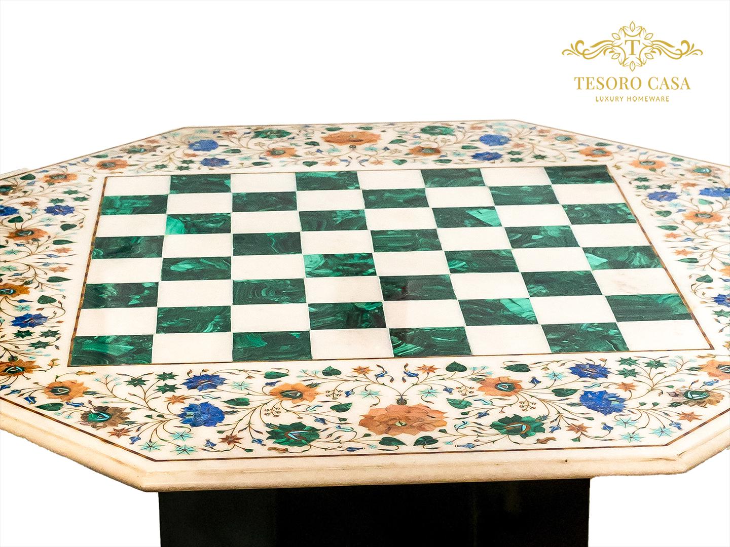Luxury Marble Inlay & Malachite Chess Table | Handmade Gemstone Chessboard Table | Tesoro Casa