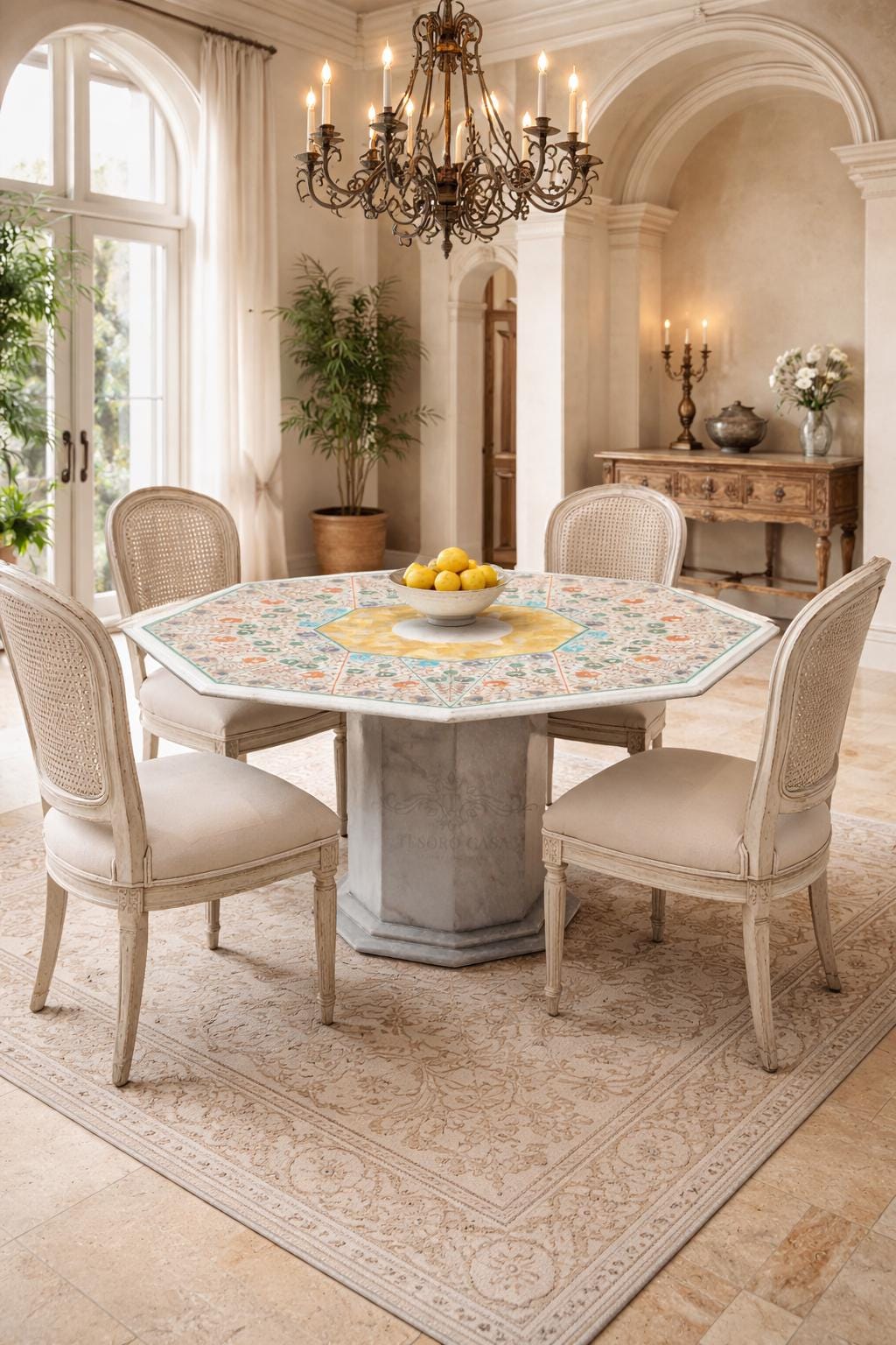 Pietra Dura Marble Dining Table with Yellow Mother of Pearl Inlay