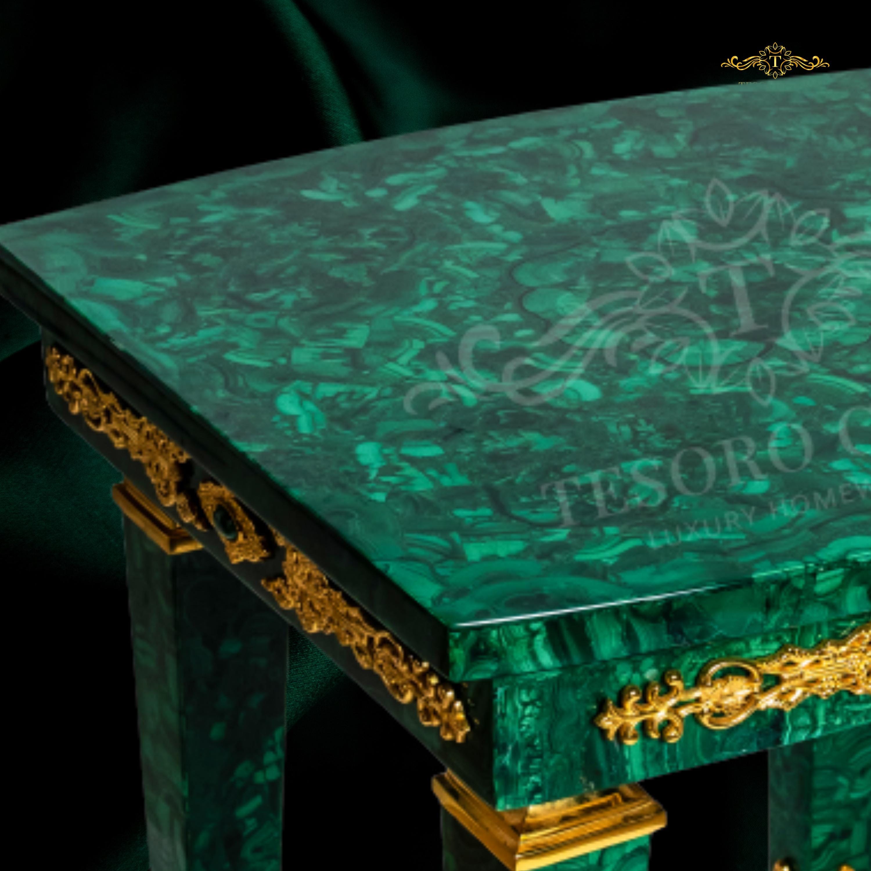 Malachite Majlis Side Table with Brass Gold Plating