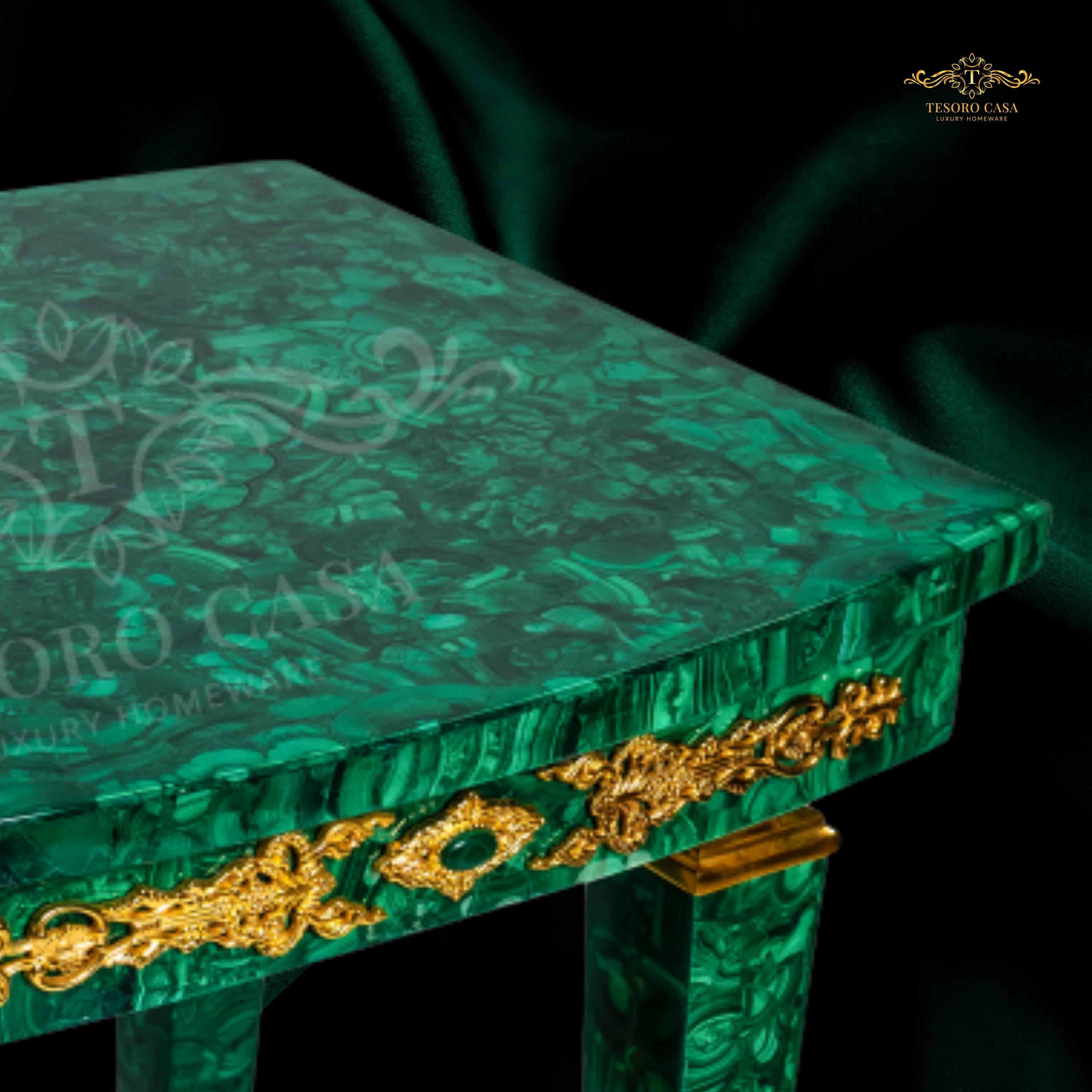 Malachite Majlis Side Table with Brass Gold Plating