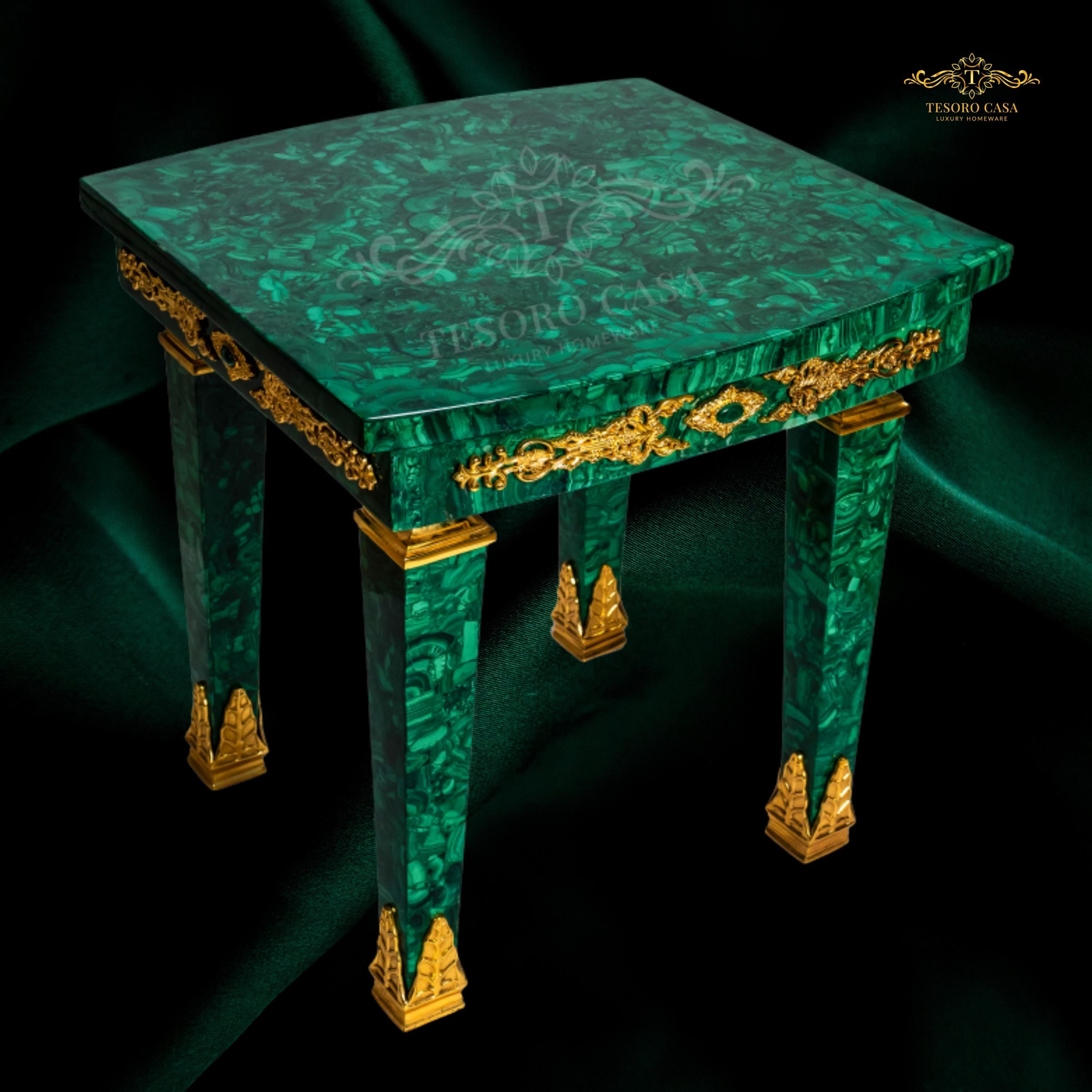 Malachite Majlis Side Table with Brass Gold Plating