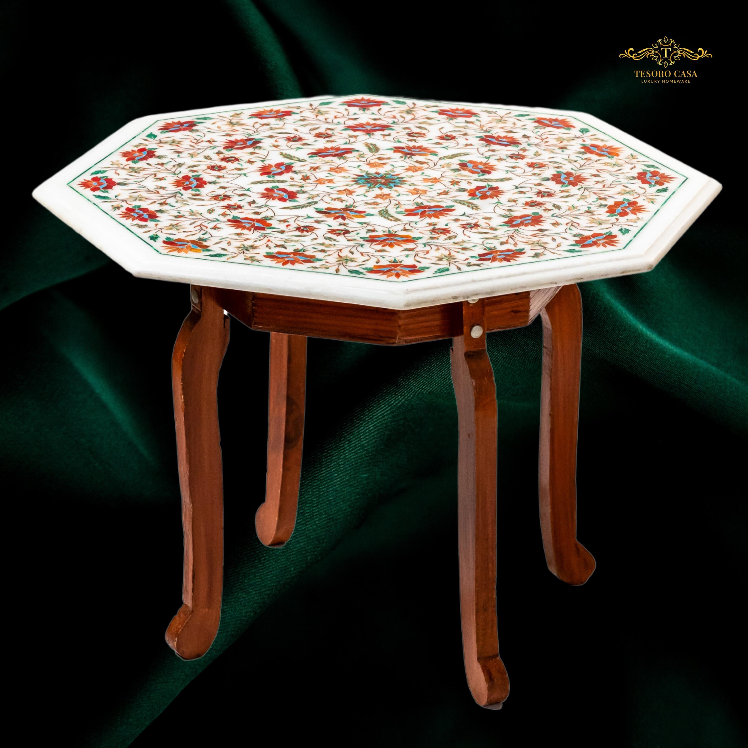 Handcrafted Pietra Dura Marble Inlay Accent Table