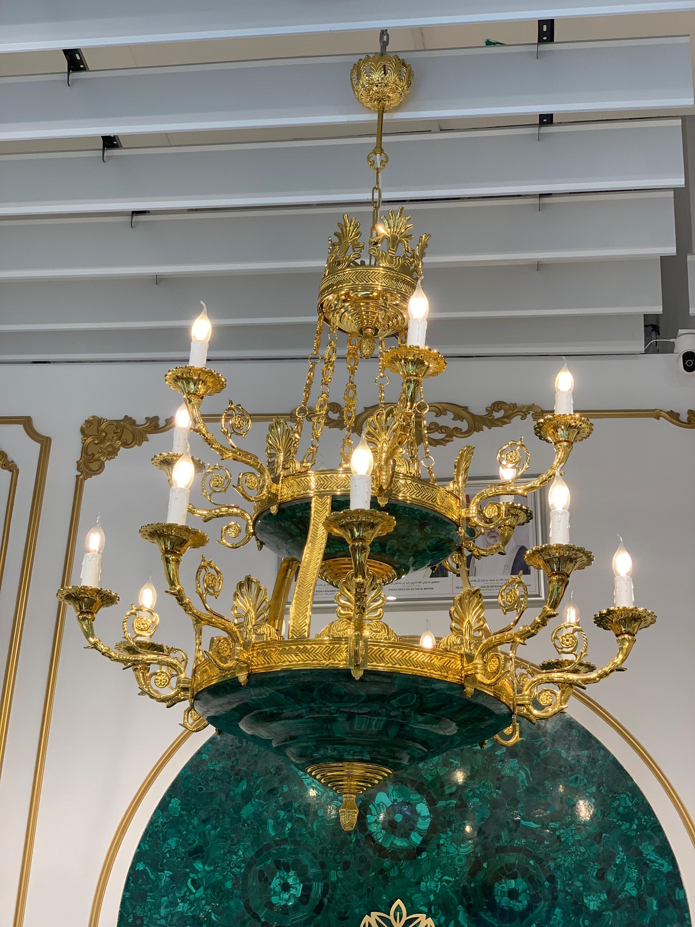 Large Malachite Chandelier with Gold Plated Finish