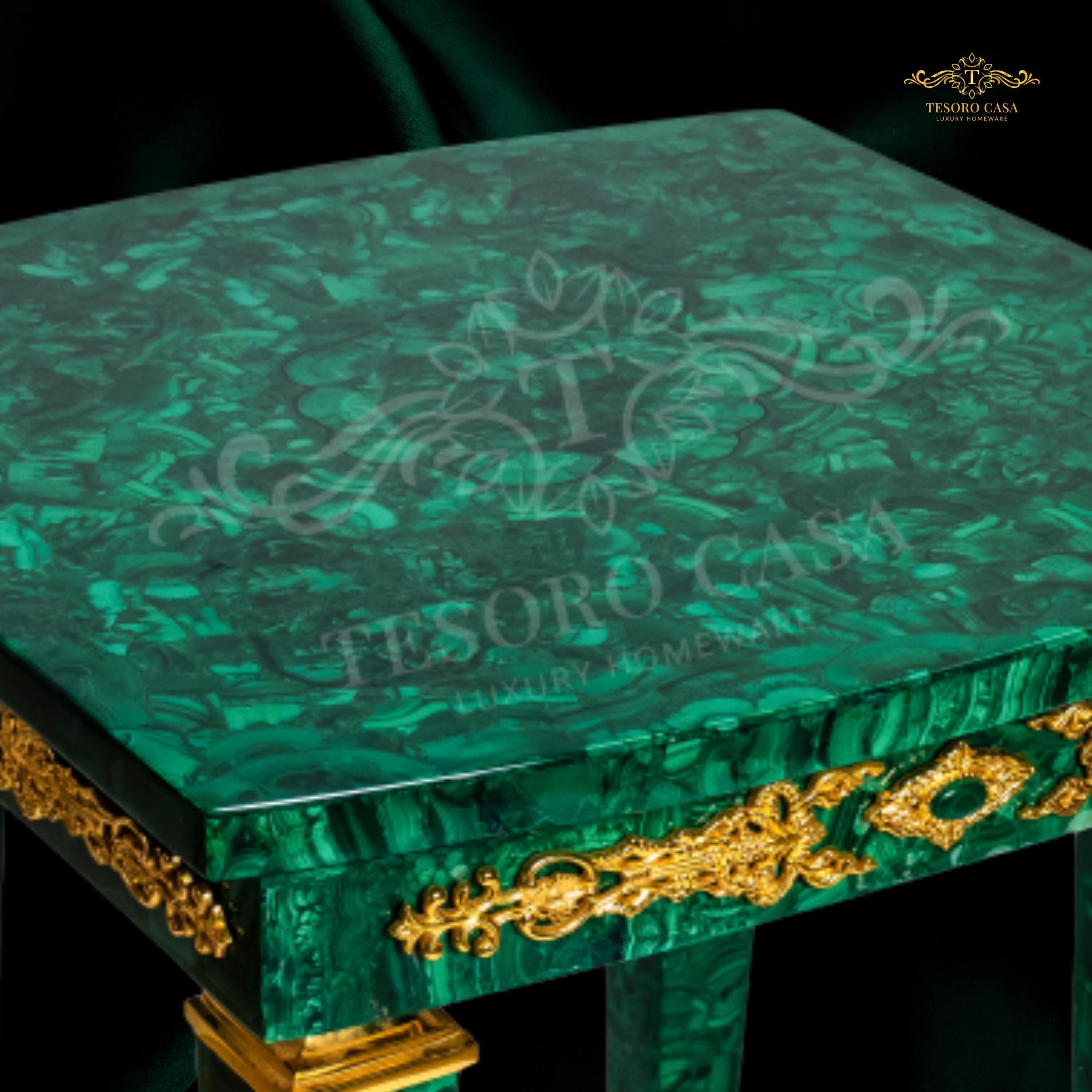 Malachite Majlis Side Table with Brass Gold Plating