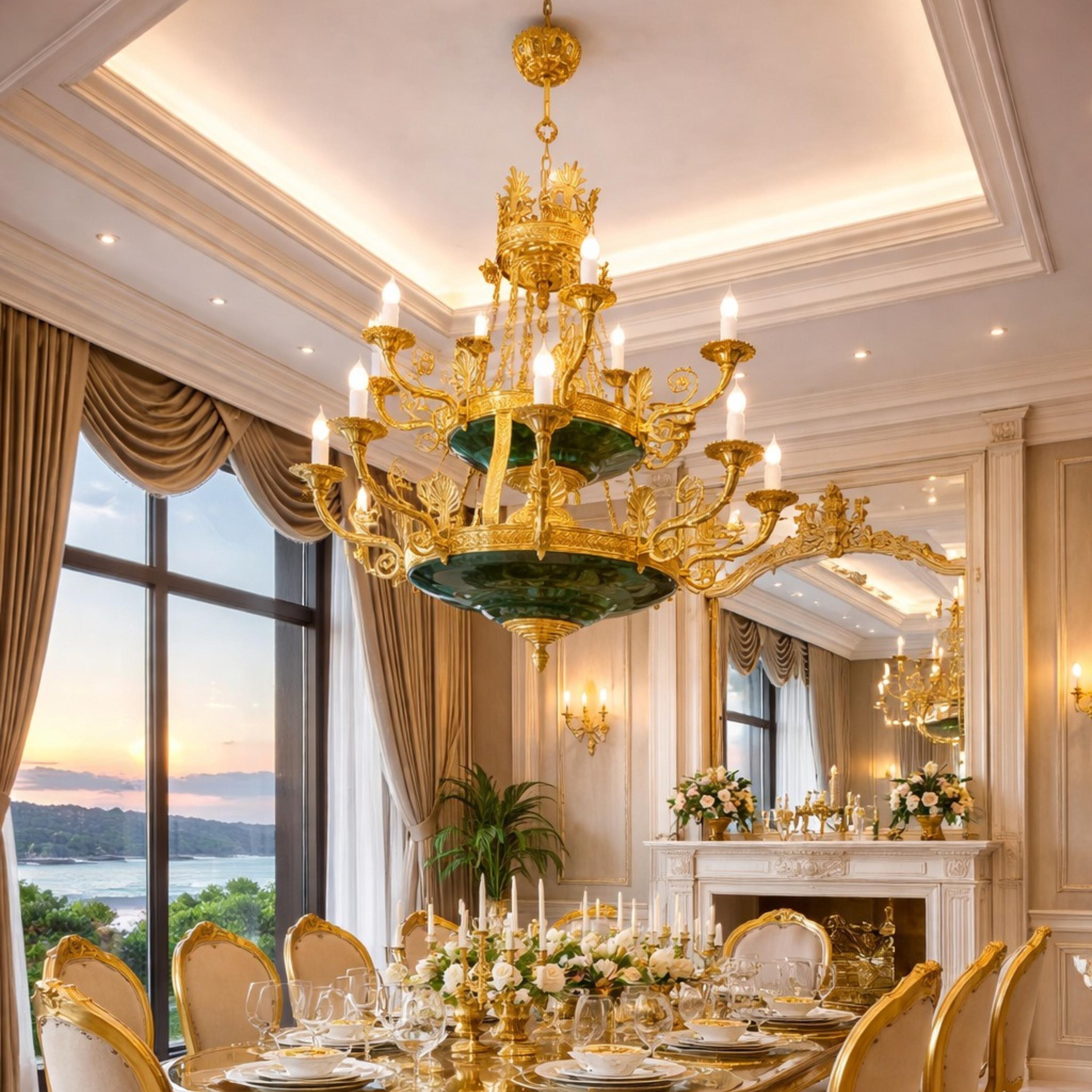 Large Malachite Chandelier with Gold Plated Finish