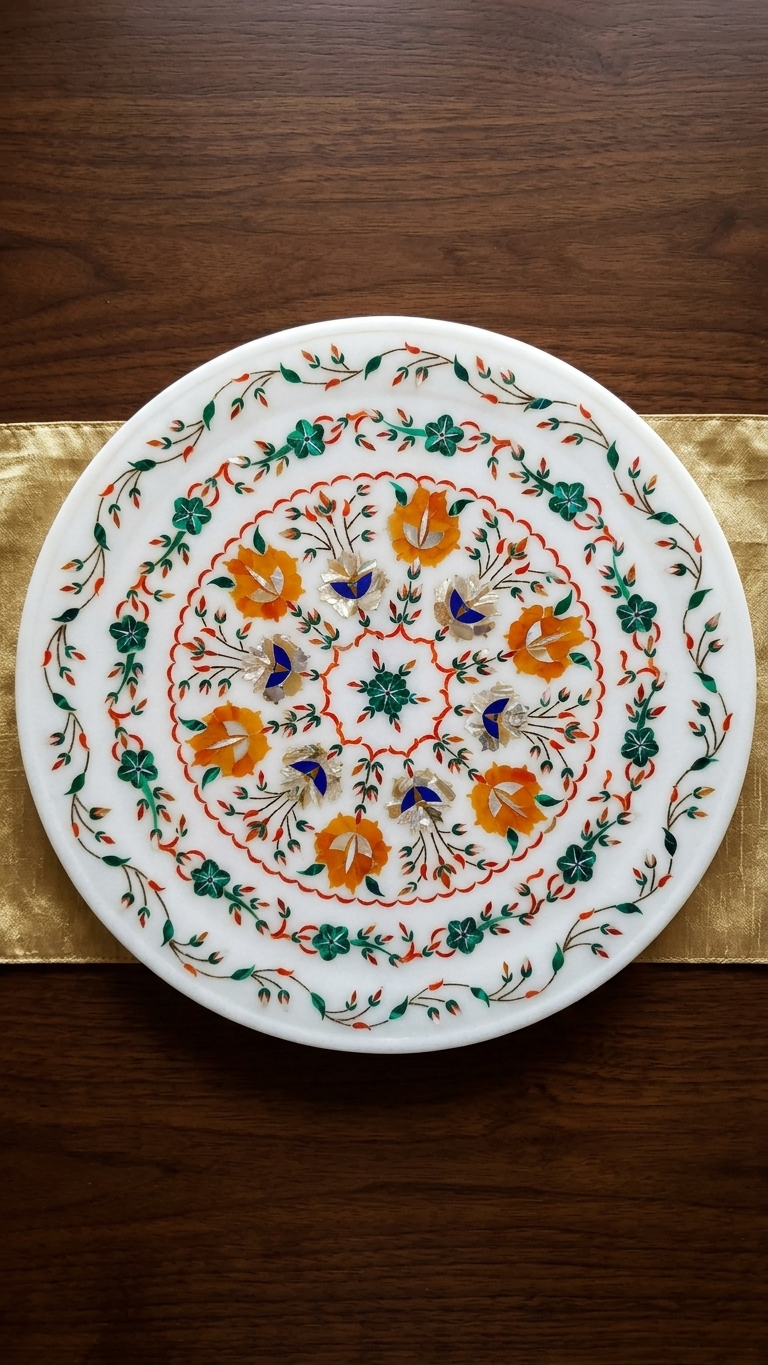 Round Marble Inlay Table Top With Floral Design
