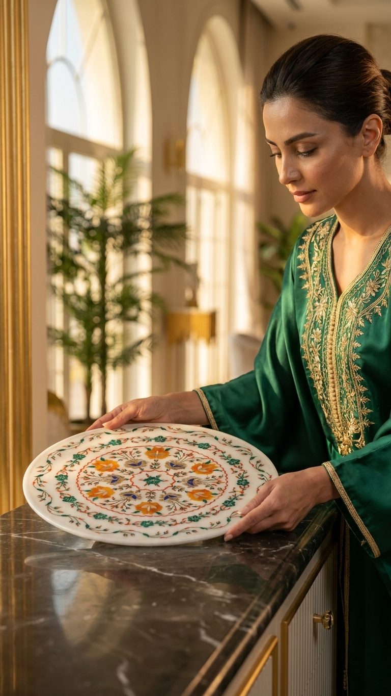 Round Marble Inlay Table Top With Floral Design