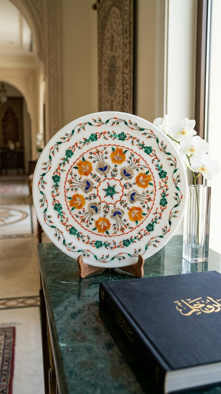 Round Marble Inlay Table Top With Floral Design