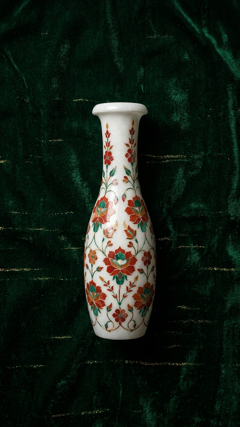 Elegant Marble Inlay Vase with Floral Stone Art