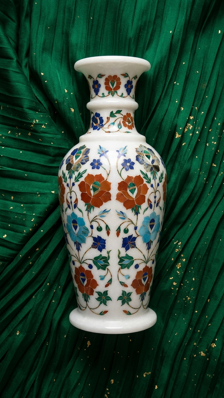 Handmade Marble Inlay Decorative Vase With Floral Design