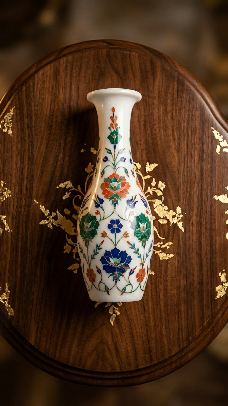Luxury Marble Inlay Vase with Handcrafted Floral Pattern