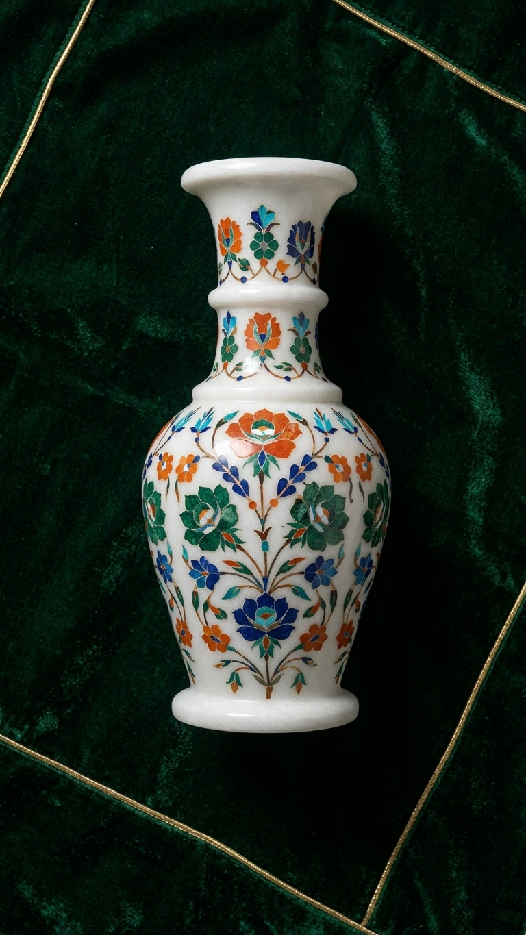 Handmade Marble Inlay Decorative Vase With Floral Design