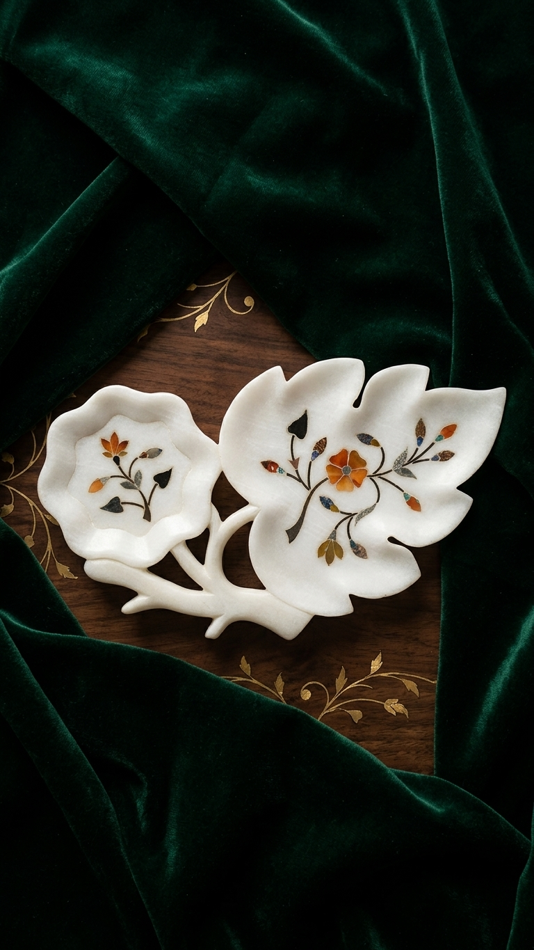 TESORO CASA Handmade Semi Precious Gemstone Inlay Leaf Tray