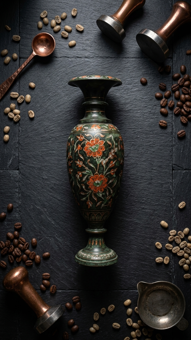 Handmade Marble Inlay Decorative Vase With Black Texture Floral Design