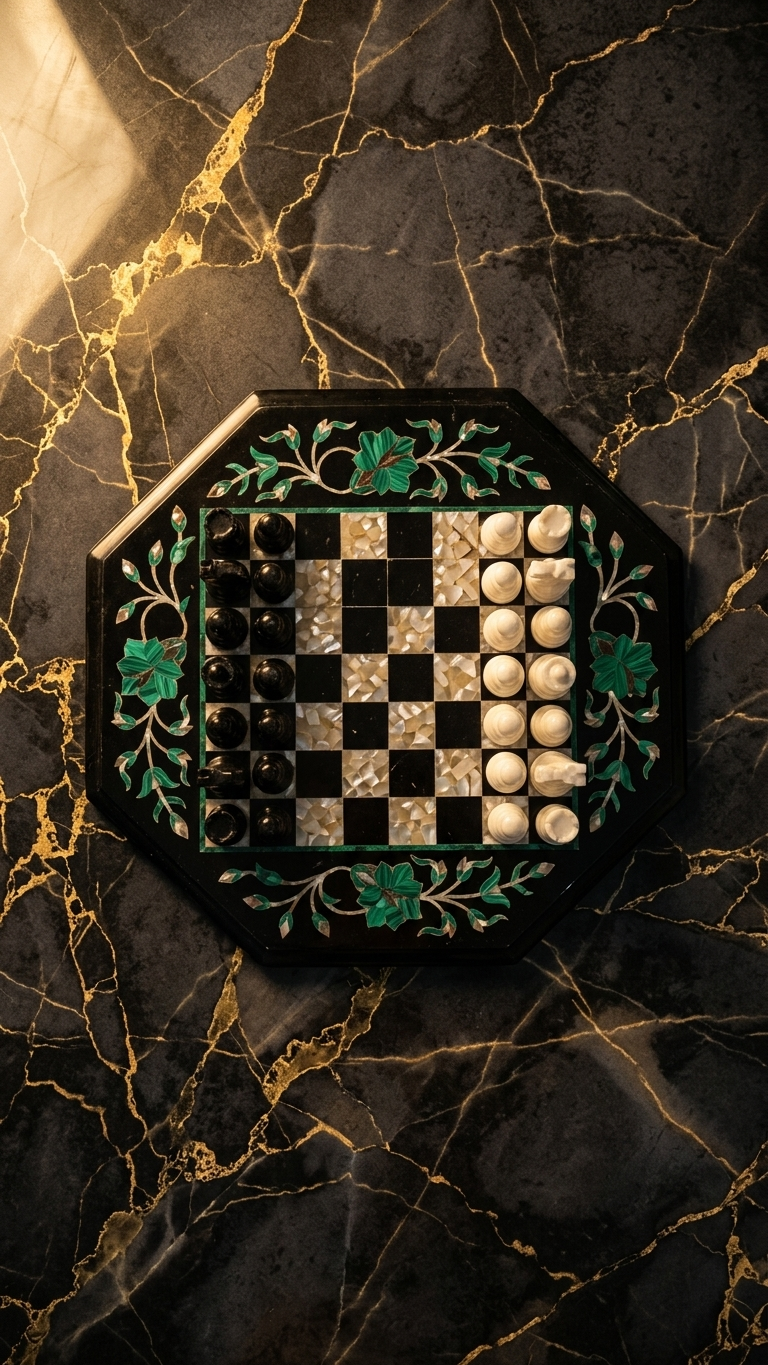 Octagonal Marble Inlay Chess Board Set With Pieces