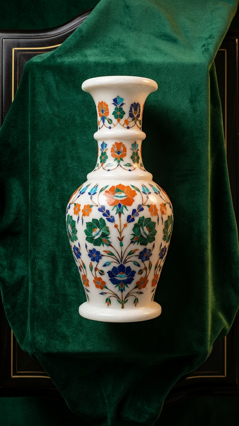 Luxury Marble Inlay Decorative Vase with Floral Art Design