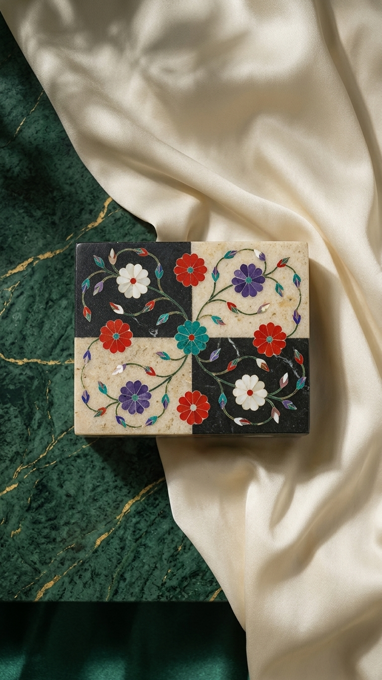 Luxury Rectangular Marble Inlay Jewelry Box with Multicolor Floral Art Design