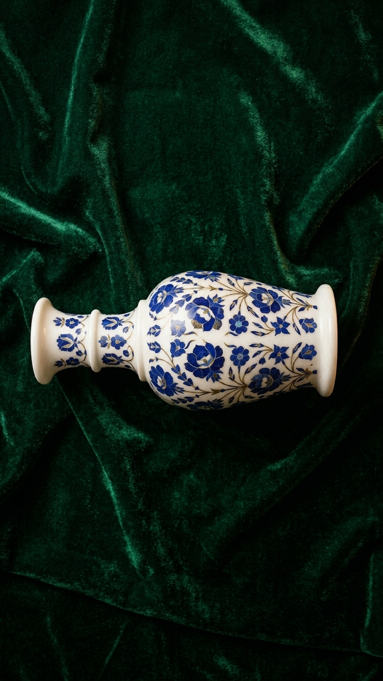 Handmade Marble Inlay Accent Vase with Floral Motif