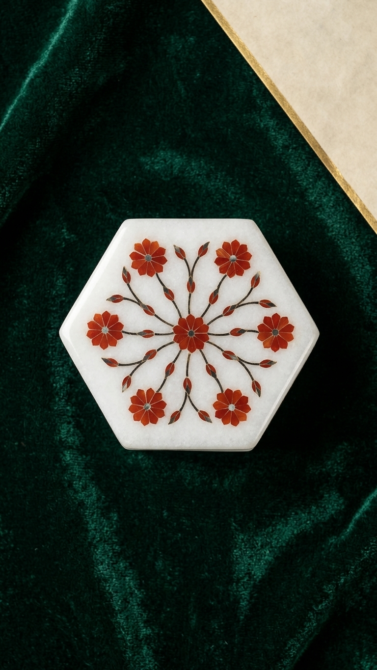 Luxury White Marble Inlay Jewelry Box with Red Floral Art Design