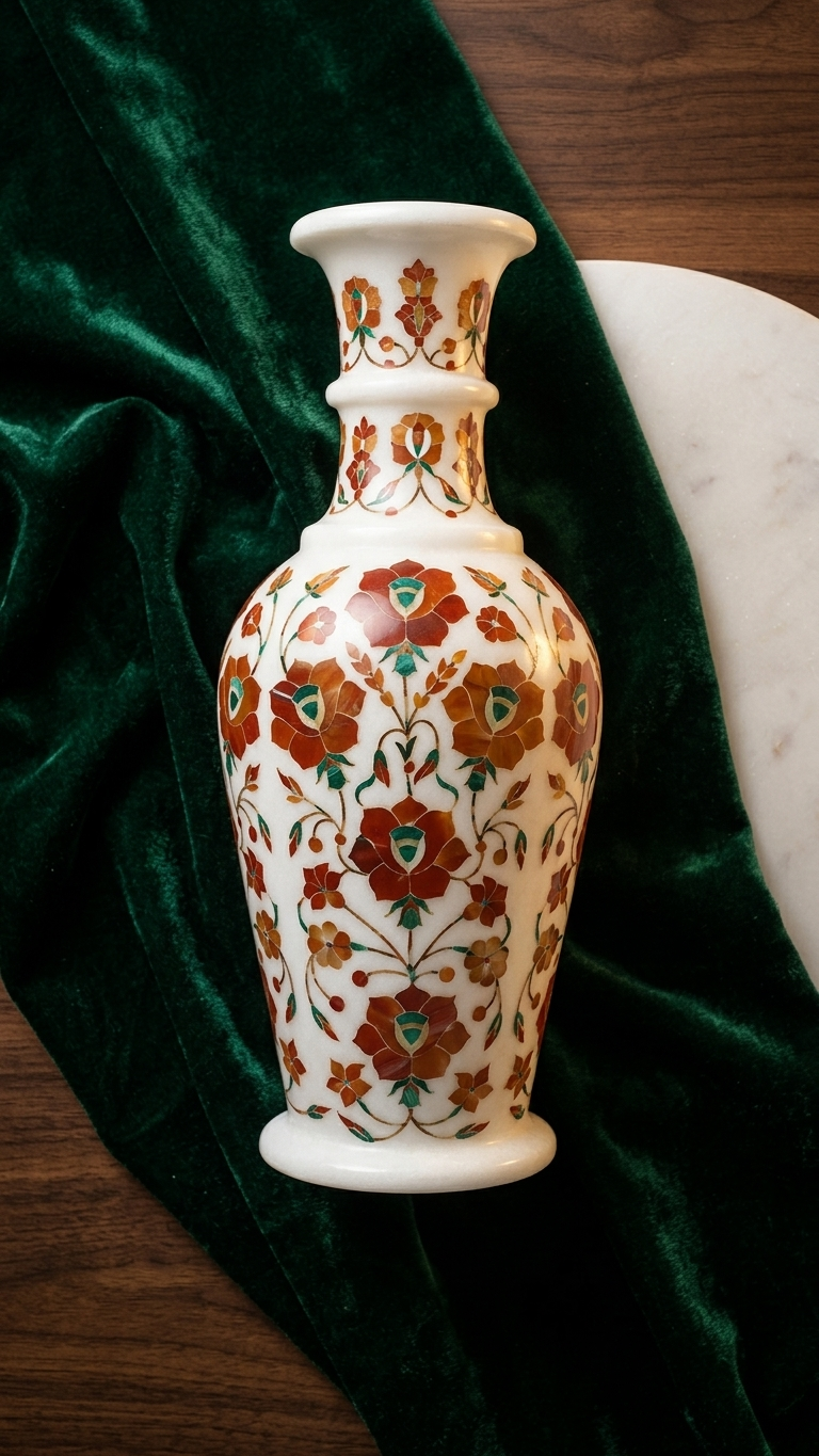 Designer Marble Inlay Decorative Vase with Floral Detailing