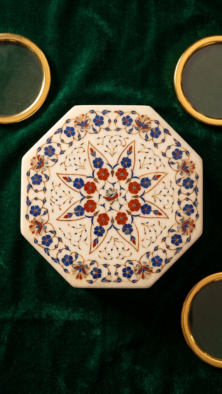 Luxury Round Marble Inlay Jewelry Box with Multicolor Floral Art Design