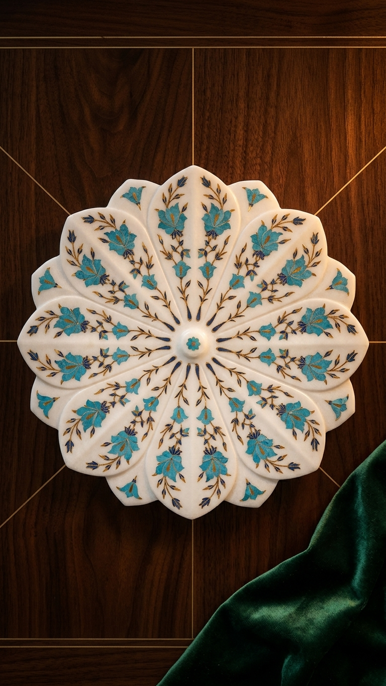 Premium Marble Decorative Plate with Blue Floral Inlay