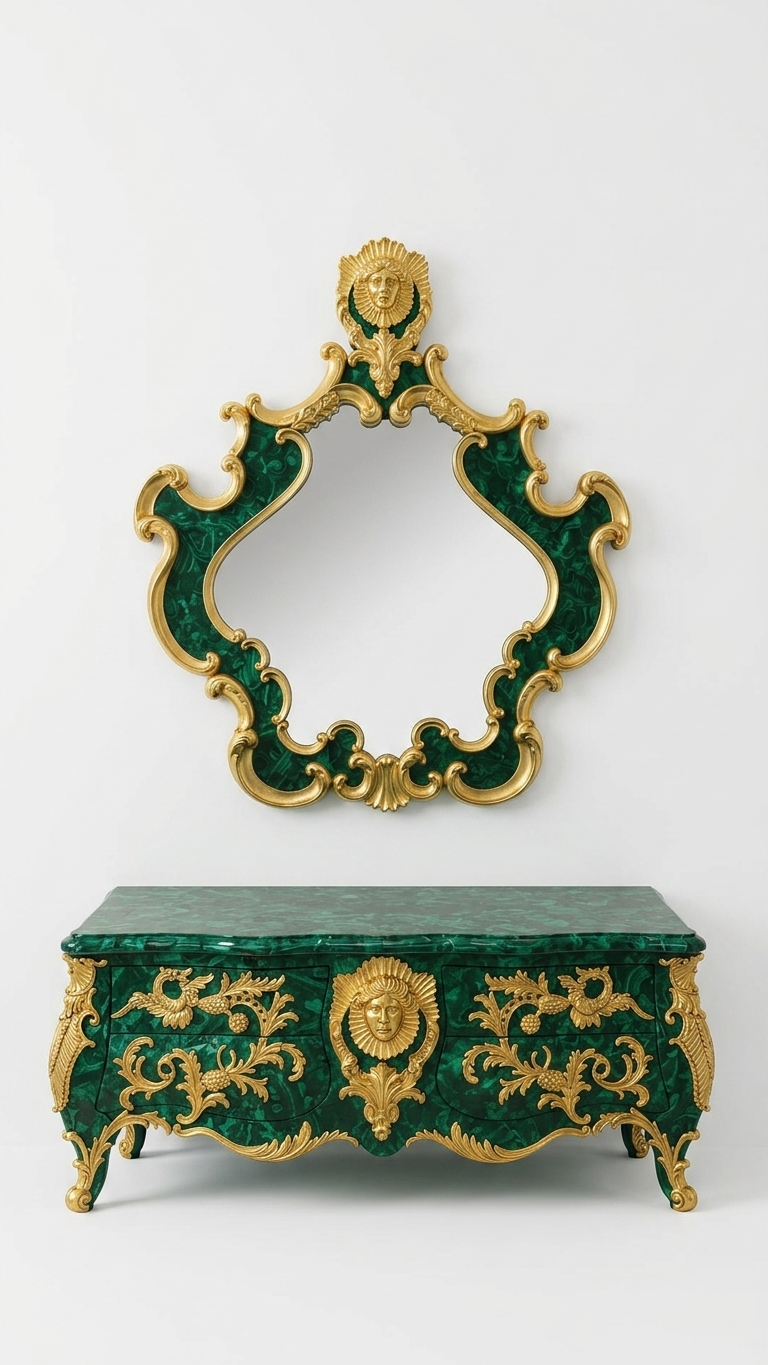 Luxury Malachite Console Cabinet with Gold Mirror | Handmade Designer Furniture